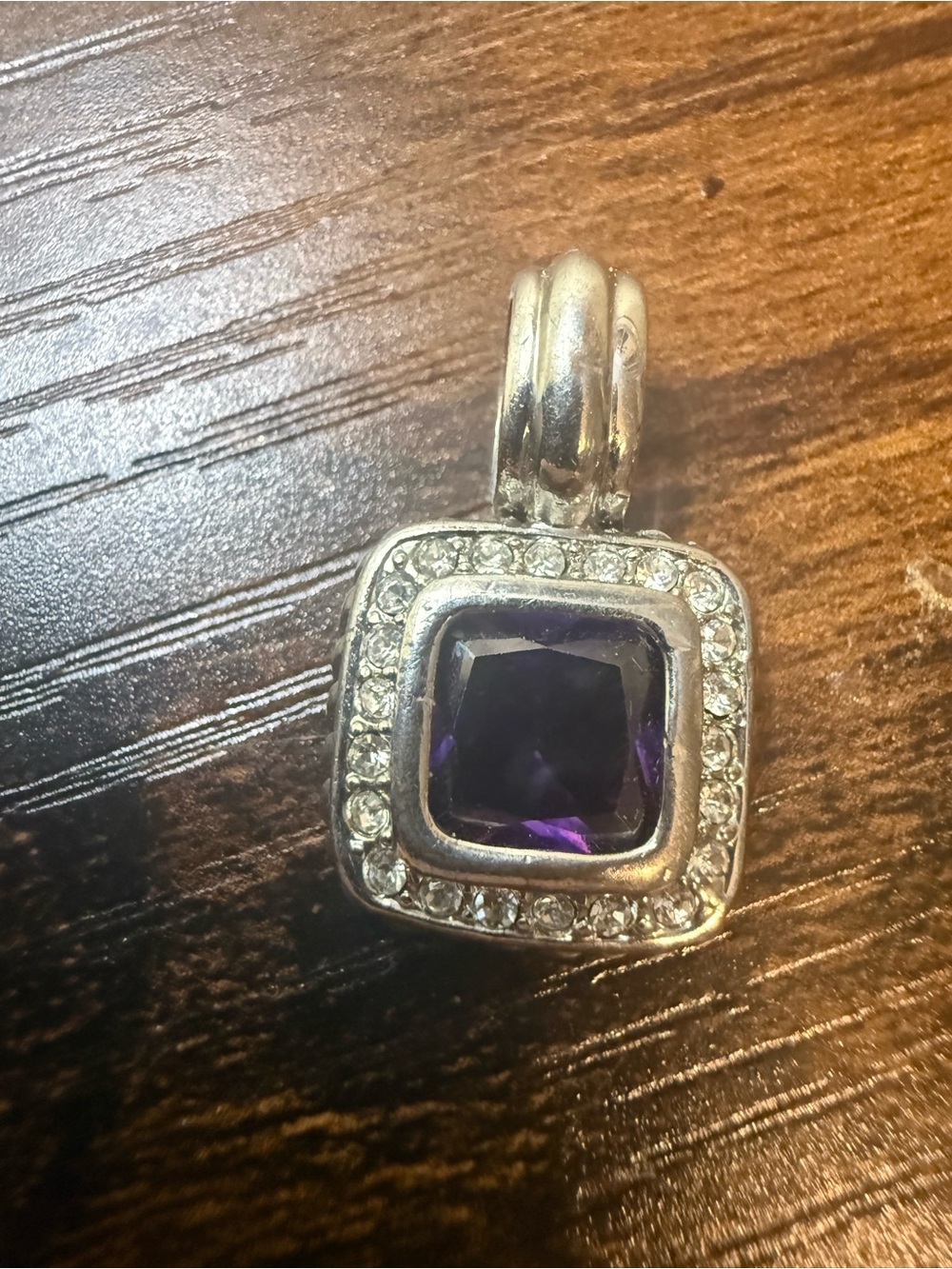 Silver Pendant with Deep Purple Square Gem and Crystal Halo